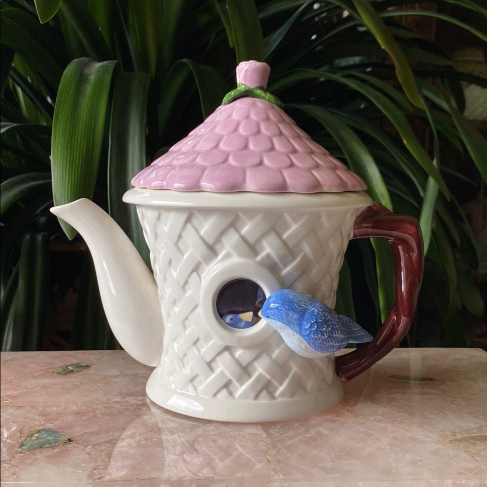 Teleflora Bluebird Birdhouse Teapot - Ceramic 2 Piece Cottagecore Kitchen Decor